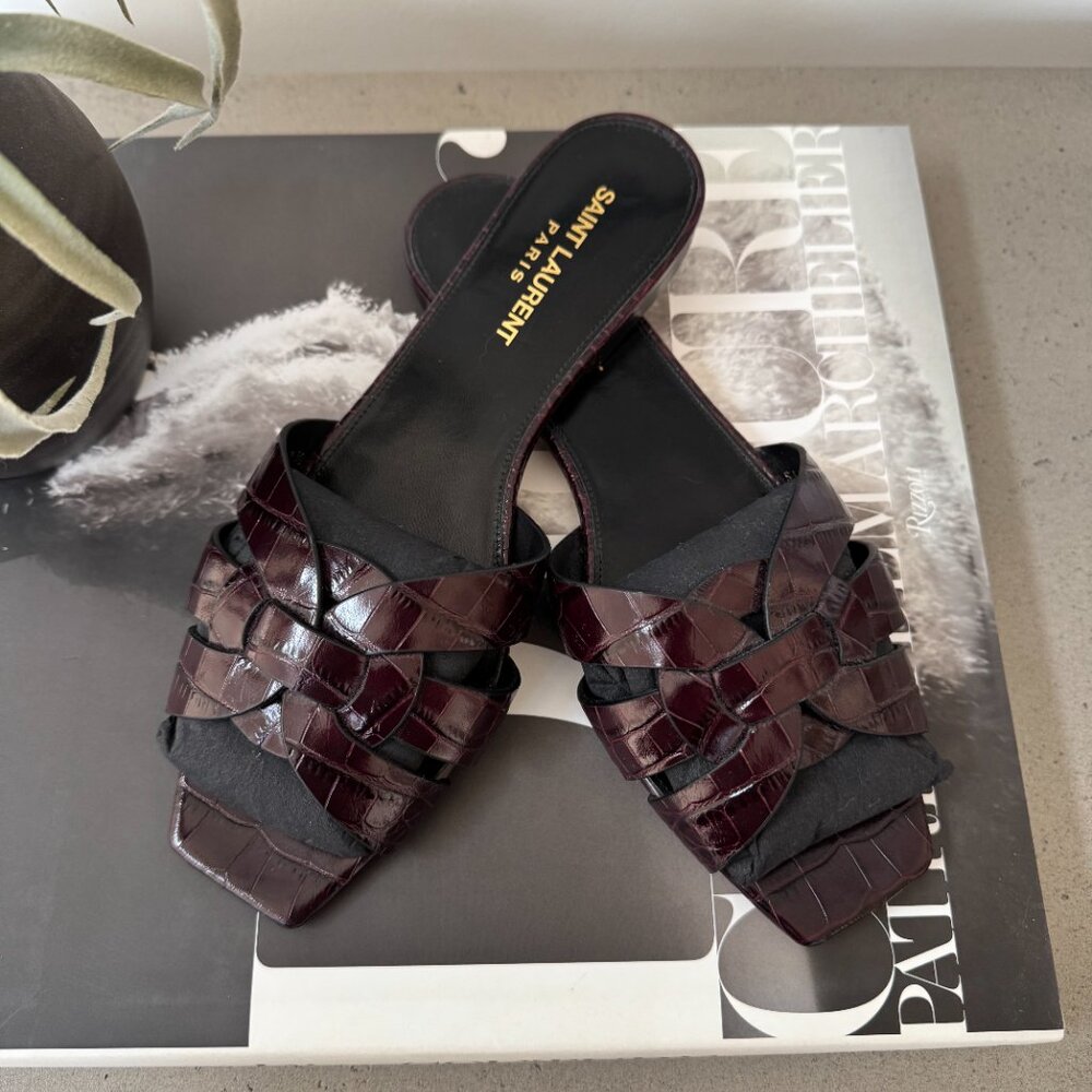 Saint Laurent Tribute Nu Pieds Croc-Embossed Slide Sandals Burgundy Size 37.5 IT